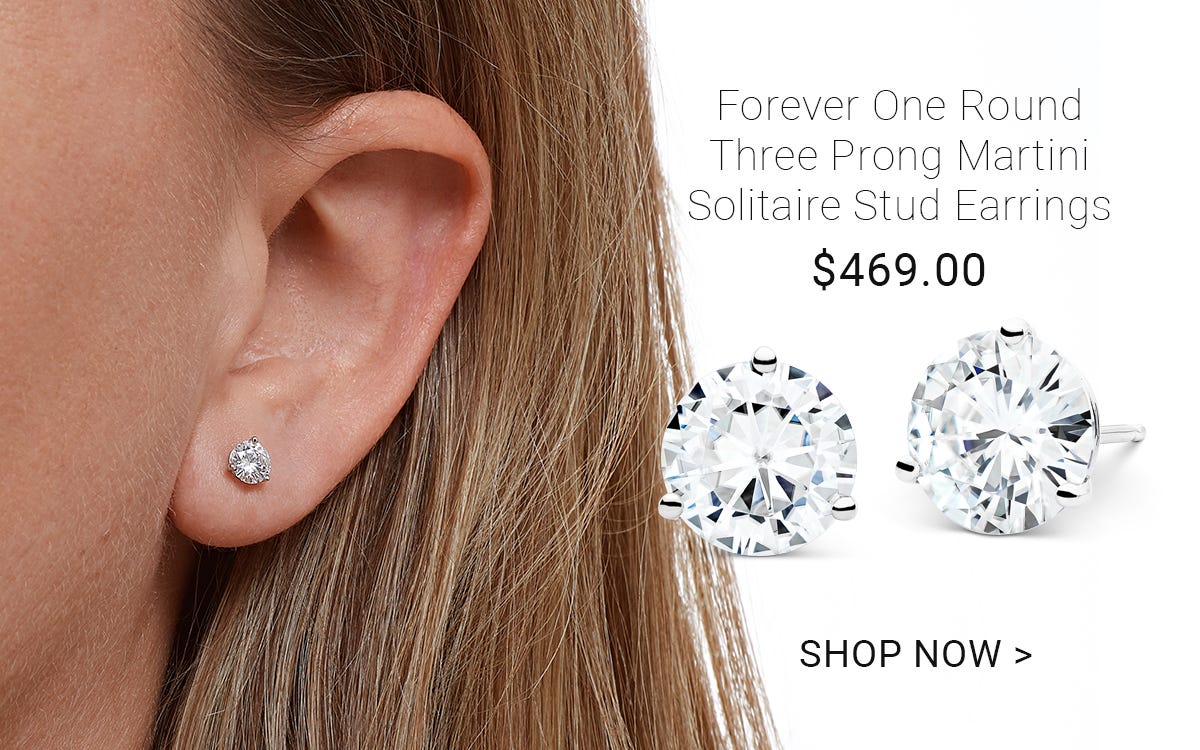 Forever One round three prong martini solitaire stud earrings