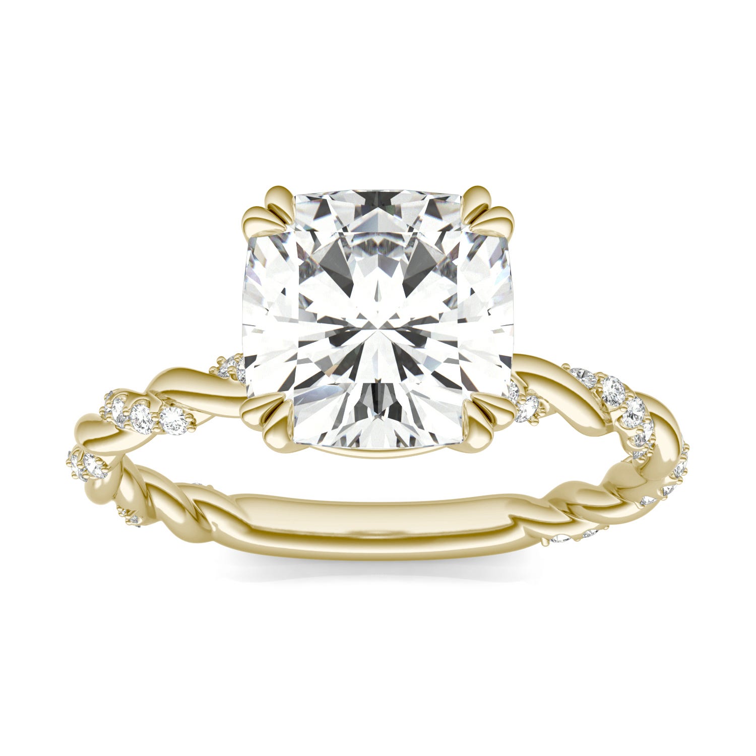 Solitaire with Twist Side Accents Engagement Ring in 14K Yellow Gold, Size: 5, 2.59 CTW DEW Cushion Forever One - Colorless Moissanite Charles & Colvard